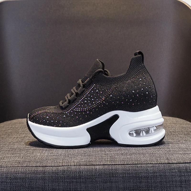 Fashion 8cm Height Increasing Women's Vulcanize Shoes with Breathable Mesh and Hollow Out Design for Sports and Leisure Platform Sneaker