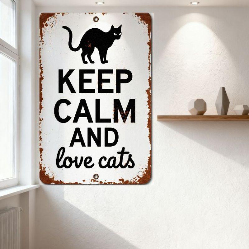 Vintage Keep Calm and Love Cats Metal Sign with Cat Silhouette Rusty Edges, Hanging Holes for Home Cafe Wall Decor, Rustic Retro