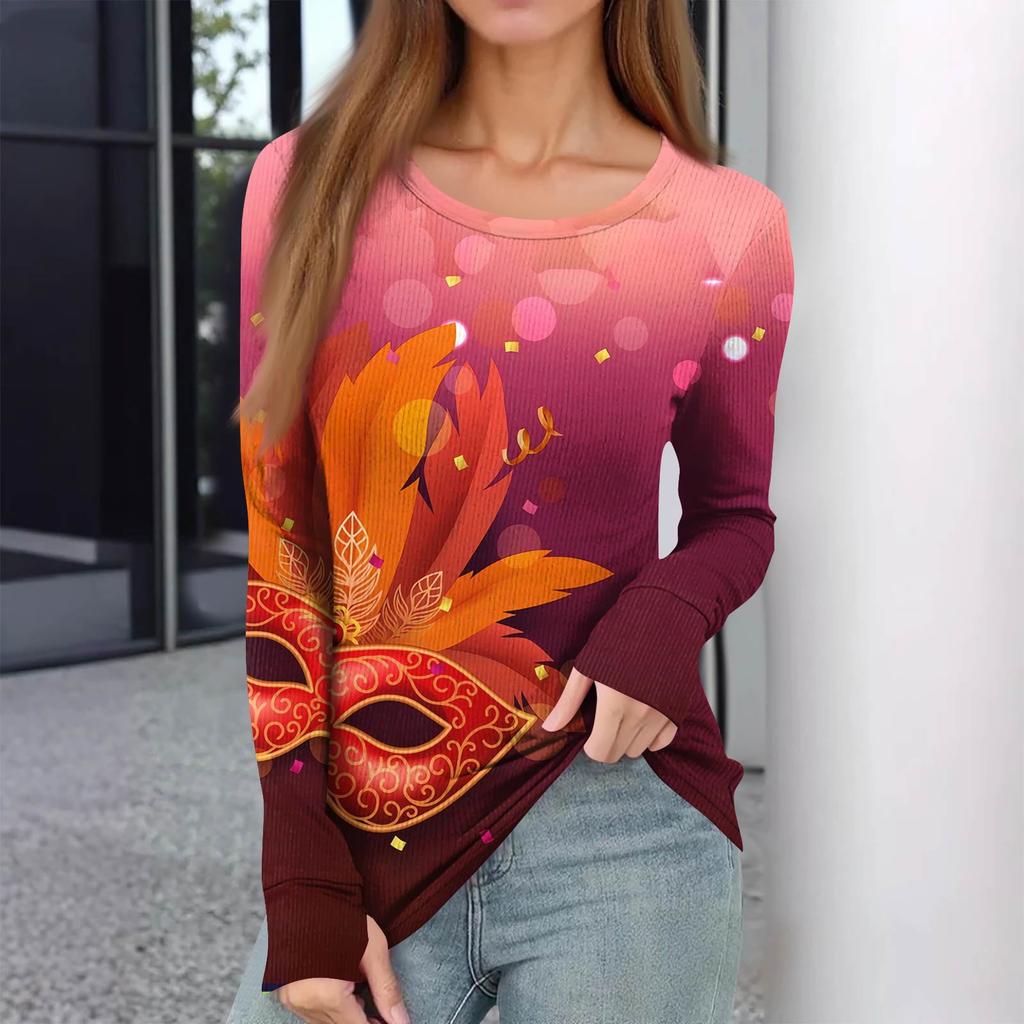 Women's Winter Slim Bottom T-shirt Fashion Casual  Printing Round Neck Pullover Long Sleeve Top