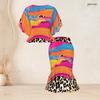 Women Plus Size Red Orange Black Printed Round Neck Batwing Sleeve Ruffle Hem Top Fishtail Skirt Two Piece Set