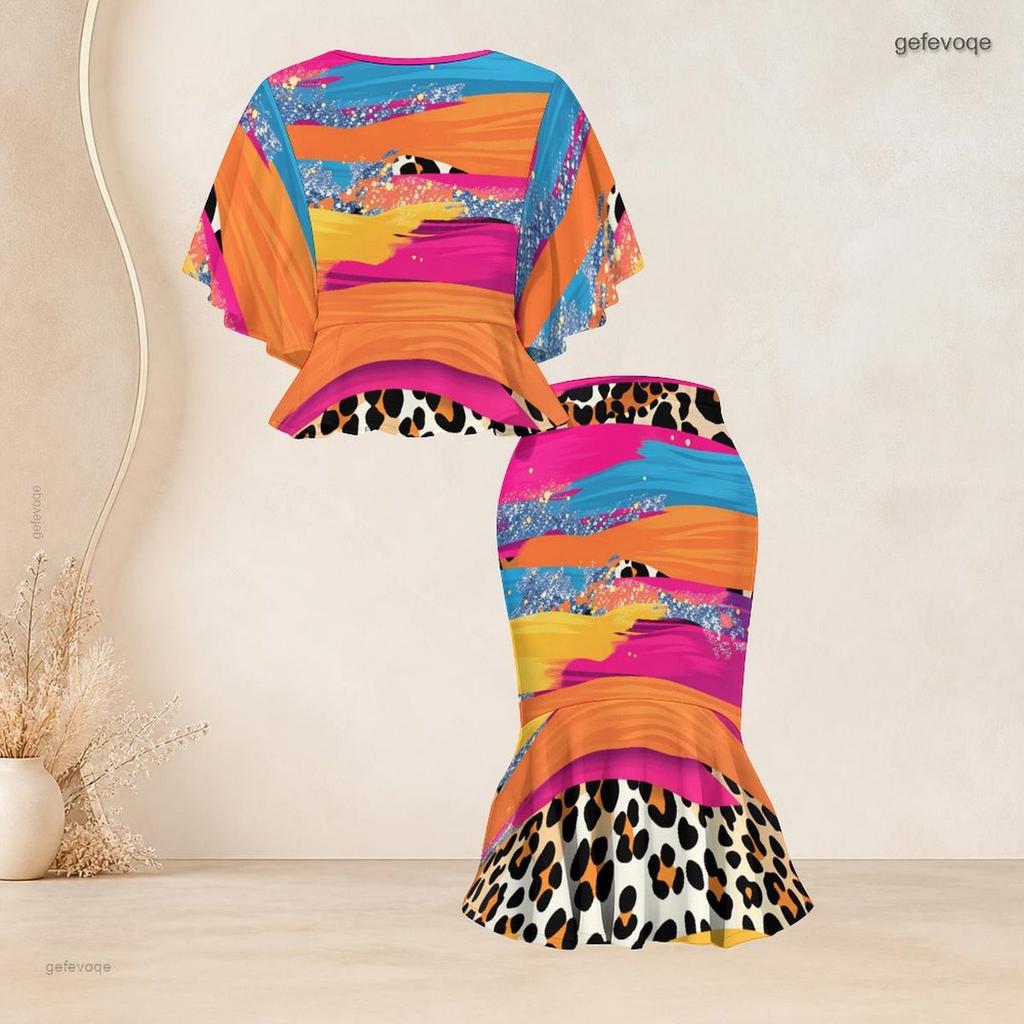 Women Plus Size Red Orange Black Printed Round Neck Batwing Sleeve Ruffle Hem Top Fishtail Skirt Two Piece Set