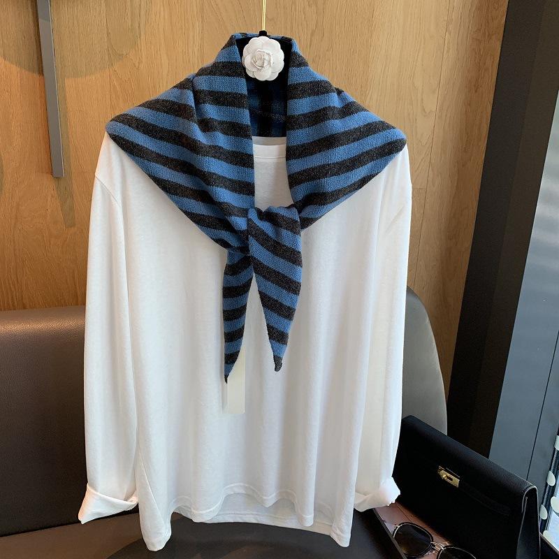 British Korean Niche  Wool Knitted Triangular Scarf Women Stripe Headscarf Knitted Scarf Multi-Functional Warm Knitted Scarf