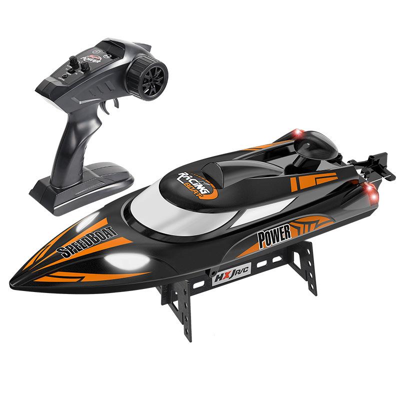Hongxunjie HJ810B High-Speed Remote Control Speedboat with Anti-Flip, 35KM/h Speed, LED Lights, Large Size, and Long Battery Life.
