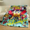 Bright cartoon characters surround "ARALE" text with playful energy. for all seasons blanket lunch break throw gift