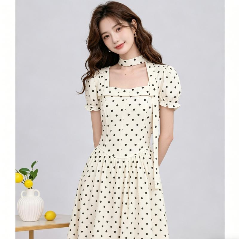 Summer new A-shaped skirt, soft French square collar polka dot dress, long dress, thin, sweet girl style long skirt