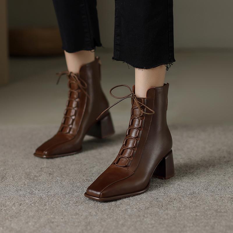 Fashion 2025 Fashion Women Shoes Split Leather Short Boots Square Toe Chunky Boots Winter Shoes Women Solid High Heel Boots for Women