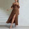 European and American summer French dress, women's bubble sleeve solid color high split skirt