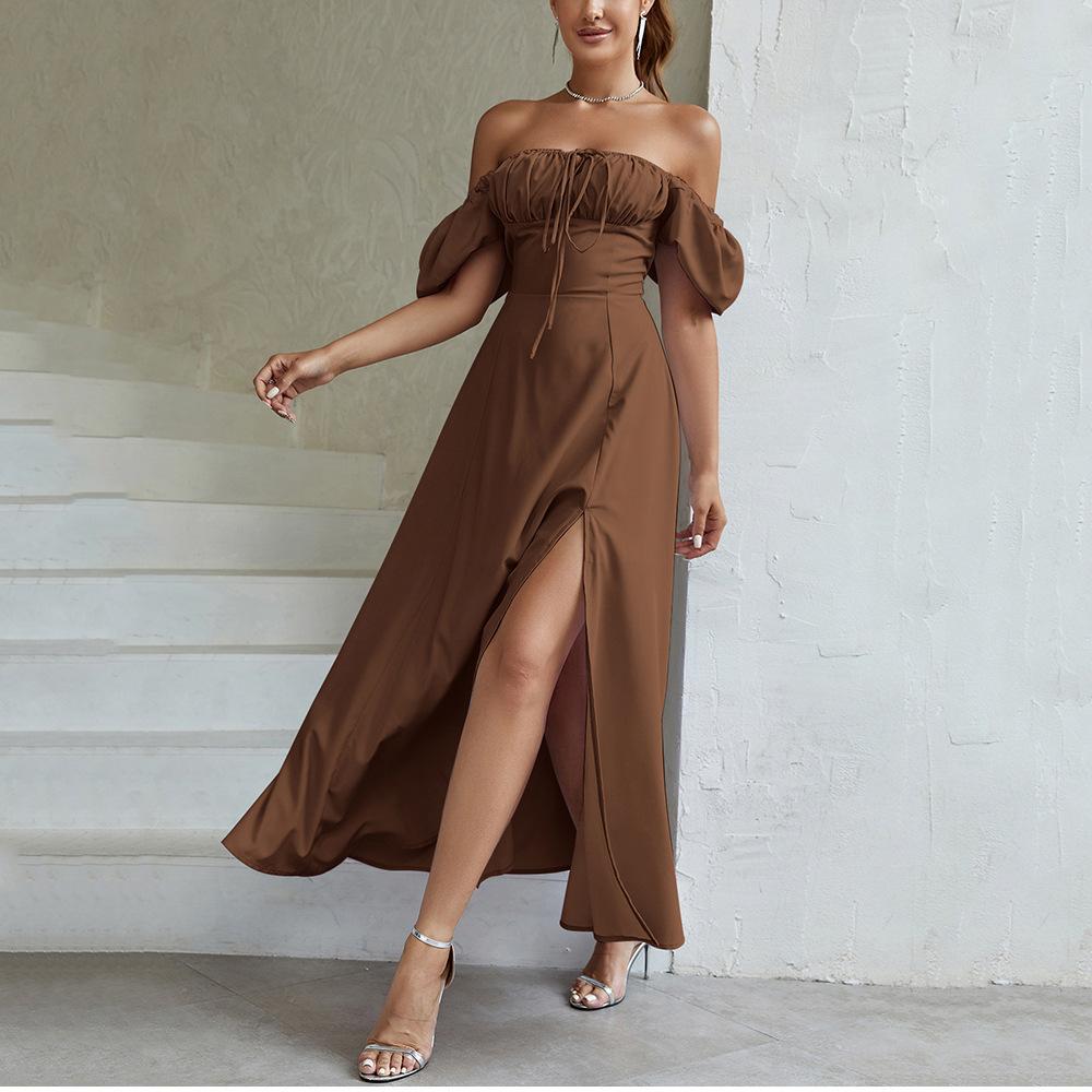 European and American summer French dress, women's bubble sleeve solid color high split skirt