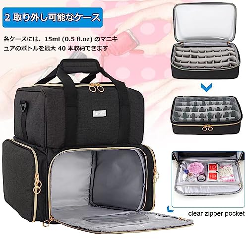 Zweistufige Nagellack-Aufbewahrungsbox, fasst 80 Flaschen (15ml) und eine UV-Nagellampe, Perfekt für Gelnägel, Schwarz