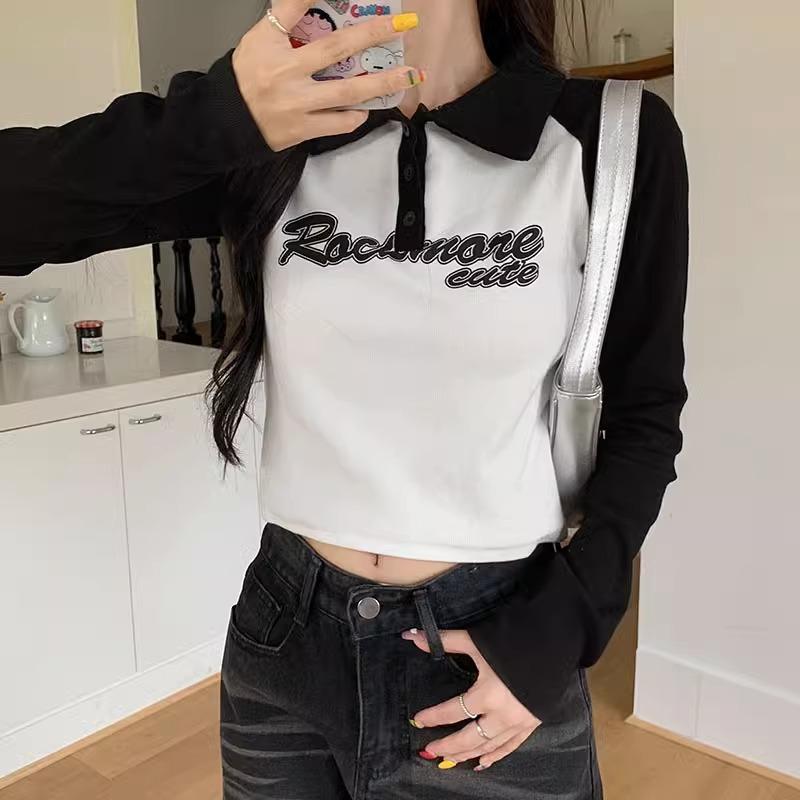 American retro contrast color right shoulder T-shirt women's long-sleeved early autumn new design polo collar letter style age-reducing top