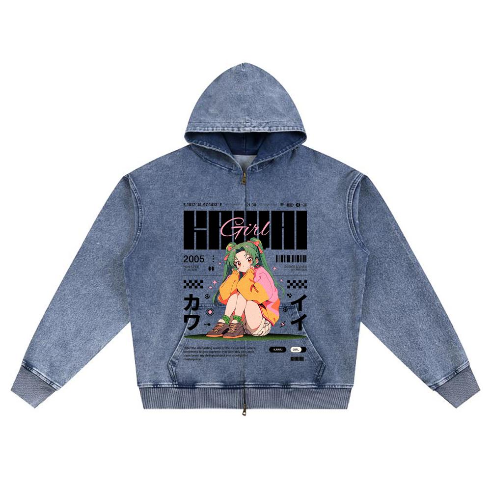 DTG Print Knitted Denim Zip-Up Hoodie Kawai Girl Brother Print Zipper Hoodies  