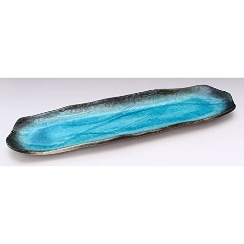 Mino ware "Yamasaku Kiln" turquoise blue plates, long rectangular plates, and sanma (saury) plates, approximately 34cm diameter x 10cm deep, set of 5,