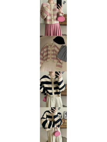Korean Retro Minimalist Color Block Stripe Knit Cardigan - Women's Long Sleeve Round Neck Sweater for Autumn/Winter