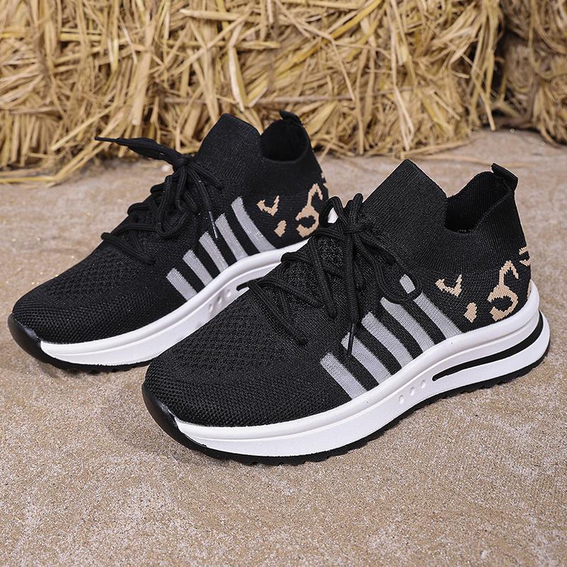 Fashion 2025 Hollow Out Breathable Sneakers Women Plus Size Printed Thick Sole Walking Shoes Woman Comfortable Knitted Flats Female