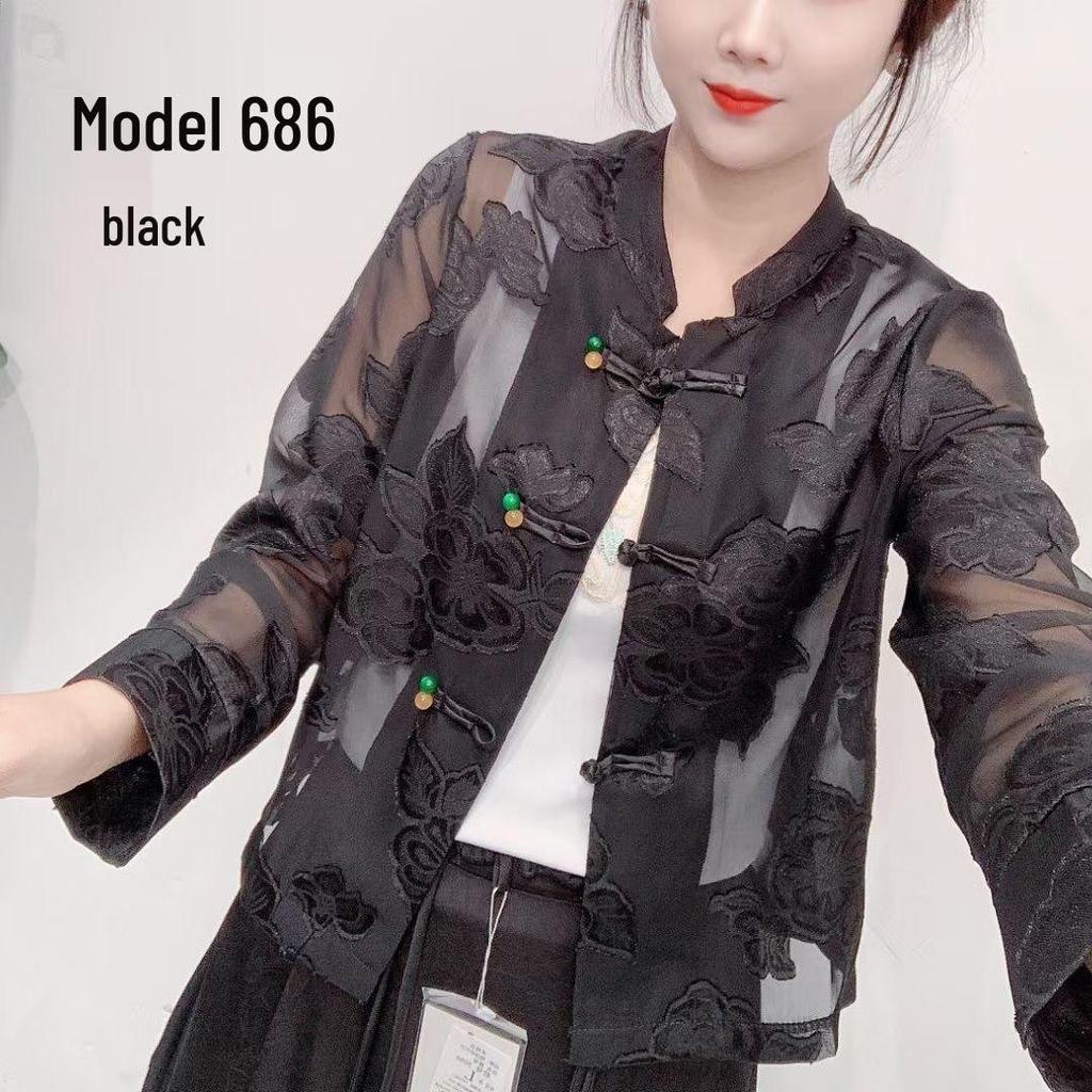 2024 Retro košile v čínském stylu žakárová: Jarní/Letní Ochrana před Sluncem Bunda s Dlouhým Rukávem