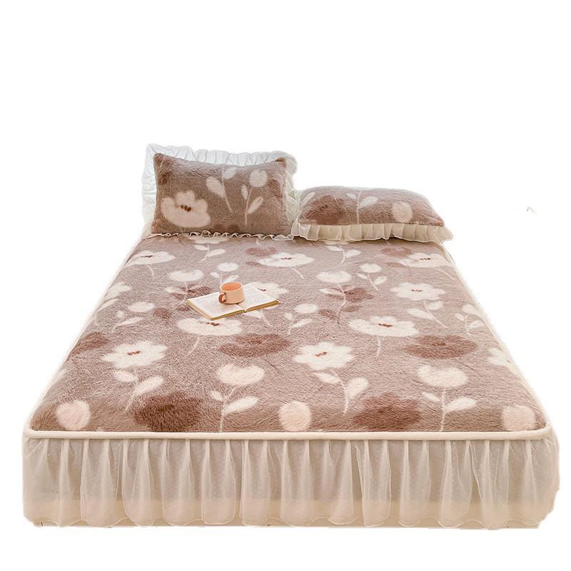 French Rabbit Fur Double-Layer Lace Fitted Sheet Bed Skirt 3-Piece Set