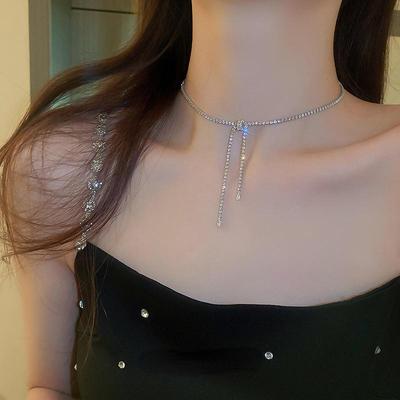 2023 New Fashion Flash Girl Necklace Bow Necklace Ins Wind Fashion Pull-out Necklace Collarbone Chain Simple Temperament Light Luxury Necklace