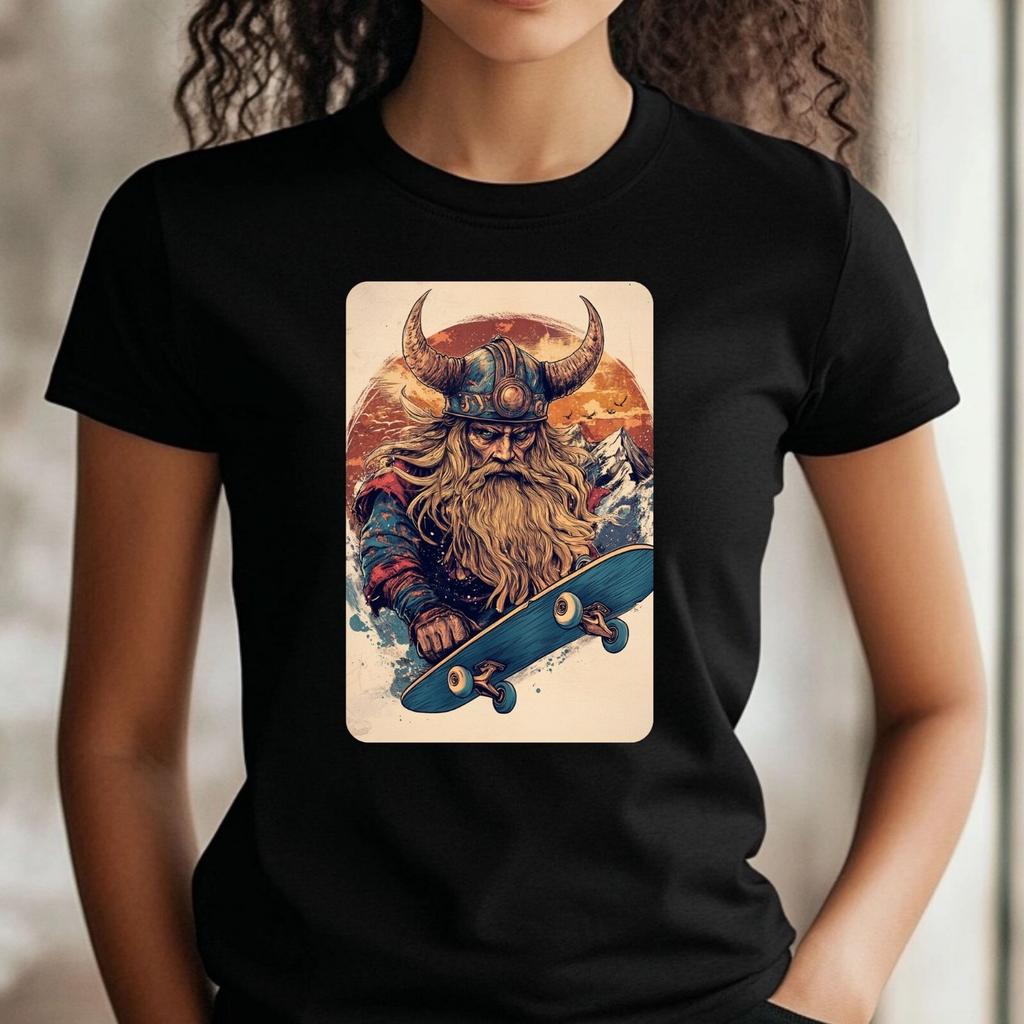 T-Shirt Women Viking Rides Skateboard Motif Cotton Size XS To 3XLWill Open In New Window or Tab