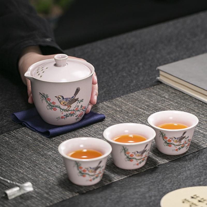 Ru Kiln Travel Tea Set, One Pot, Three Cups, Portable Bag, Car Outdoor Tea Set, Portable Products, Simple Souvenir