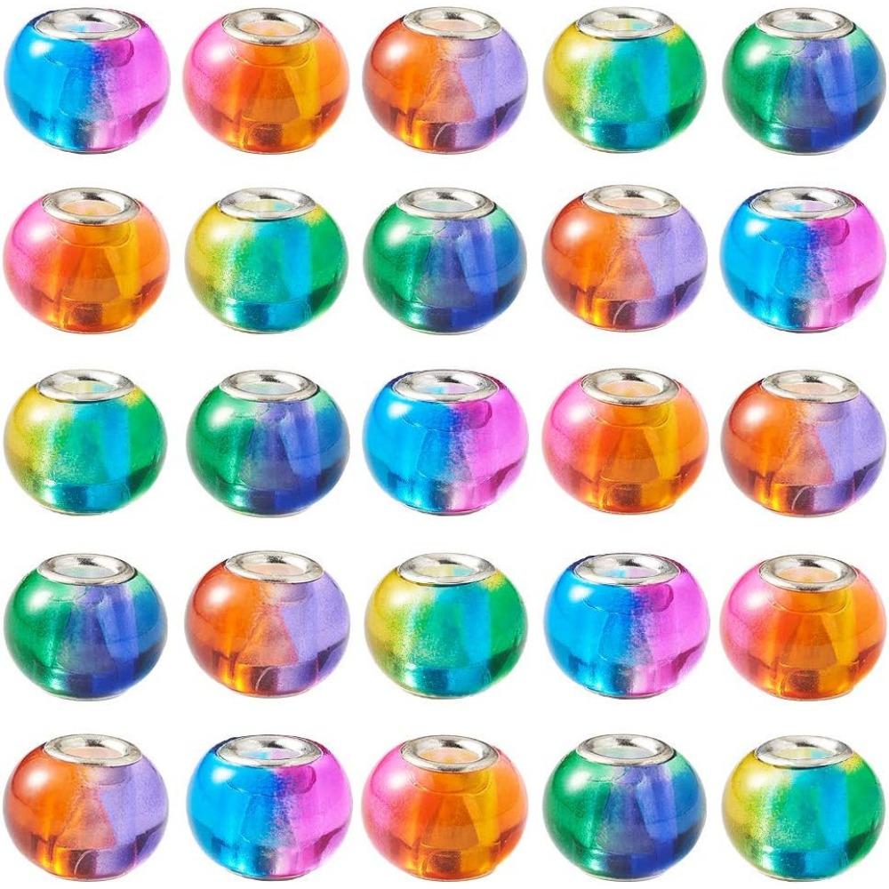 12/30/60 Stück Europäische Abstandsperlen mit großem Loch, 15 x 12 mm, Farbverlauf, Regenbogen, gemischte Farben, Schiebe-Charm-Rondellperlen für die Herstellung von Schlangenkettenarmbändern und Schmuck