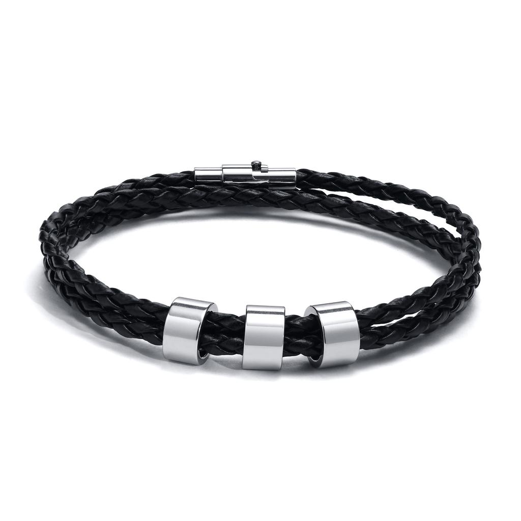 Vnox Free Custom Name Mens Braided Genuine Leather Bracelet Gifts Jewelry,Stainless Steel Beads Charm with Family Names,Dad Gift