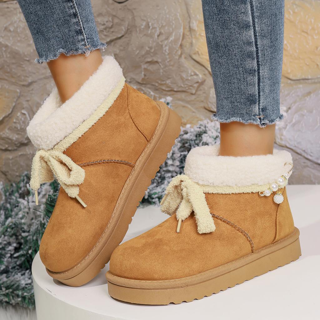 Fashion Women's Short Boots 2025 Winter New Outdoor Thicken Warm Slip on Snow Boots Comfortable Fashion Bow Knot Non Slip Cotton Shoes