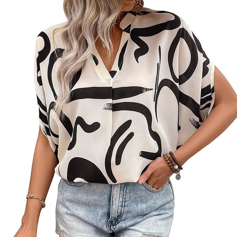 

Women V Neck Abstract Print Loose Fit Blouse Casual Short Sleeve Office Top S абрикосовый