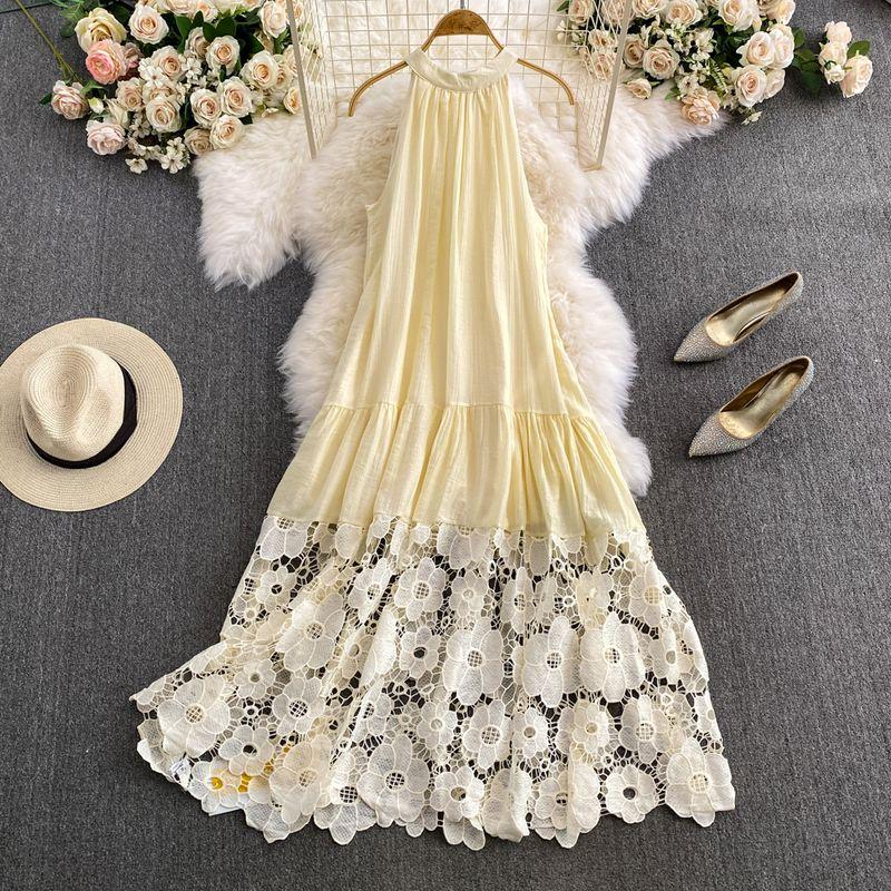 Vacation Style Long Dress Women's French Style Fancy Halterneck Skirt Summer Lace Hollow Dress Gentle A- line Skirt