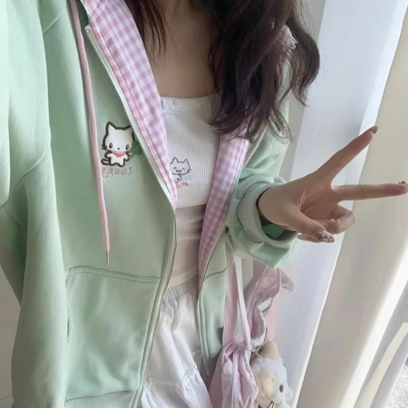 Y2k Hoodies Green Kawaii Cat Floral Print Hooded Zip-up Woman Sweatshirts Pink Thin Jacket Spring Autumn Clothes Cute Streetwear