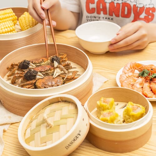 Dasoguy Premium 18cm Handmade Wooden Steamer with Two-Tier Steaming Basket for Dumplings, Dim Sum, Baozi, Rice, Vegetables, Meat, and Fish, Ideal for
