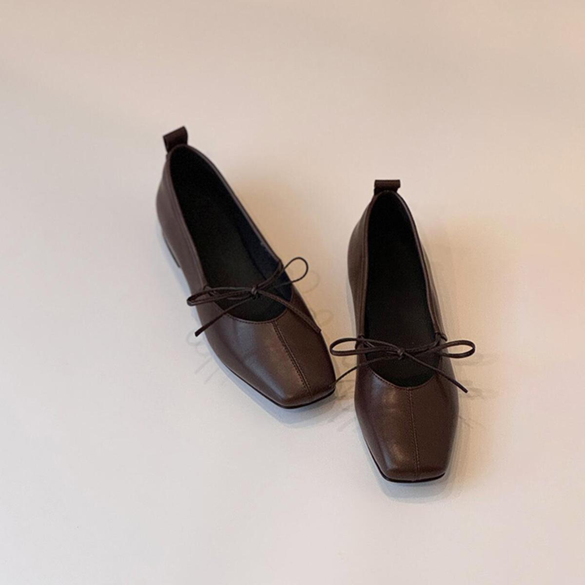 

Версия из овчины~ Универсальные туфли-балетки на шнуровке с бантом, женские лоферы с квадратным носком на плоской подошве, удобные балетки с мелким вырезом 40