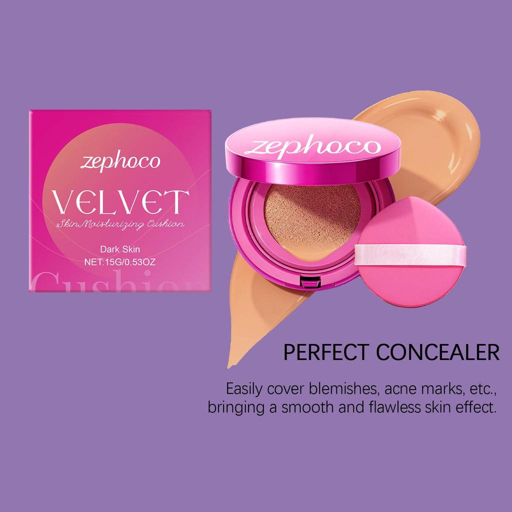 Zephoco Velvet Moisturizing Cushion Foundation - Natural Coverage, Soft Radiant Finish, Long-Lasting Adherent Makeup for Deep Skin Tones.