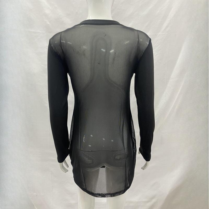 Spring solid color semi high neck long sleeved mesh splicing sexy perspective one-step skirt dress