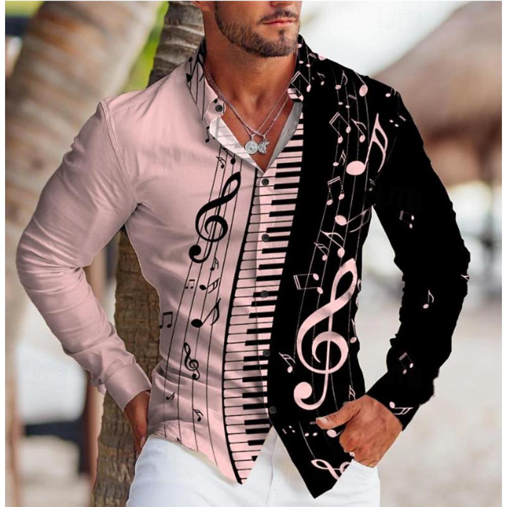 Men's Music Note Printed Long Sleeve Shirts Casual Cardigan New Button Holiday Fashion Shirts