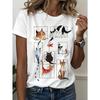 European Size Women'S Short-Sleeved T-shirt with Illustrations | Multiple Cats In Funny Poses, Fresh Hand-Painted Style