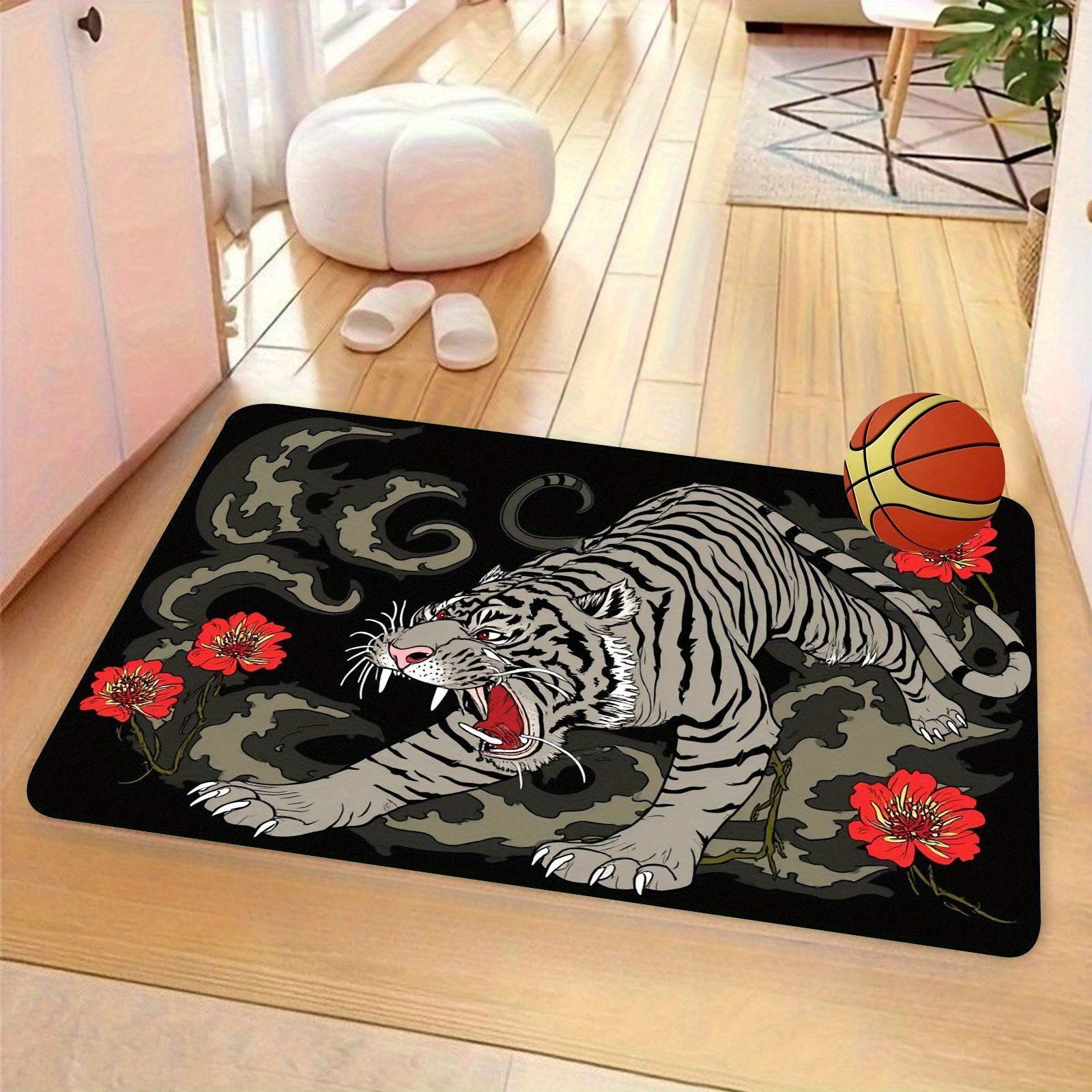 Tiger Flannel Mat Carpet, Roaring Fierce Chinese Floral Print, Soft Comfortable for Living Room Kitchen Bedroom Entryway 40x60cm