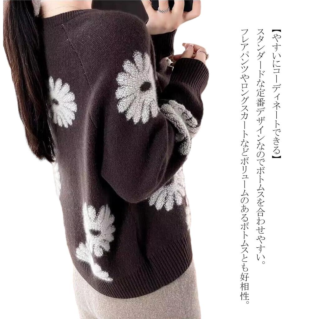 RoyzTocz Knit Crew Floral Round Long Loose Korean Perfect for Going Winter Women's Sweater, Neck, Print, Neck, Sleeves, Slimming, Fit, Fashionable,