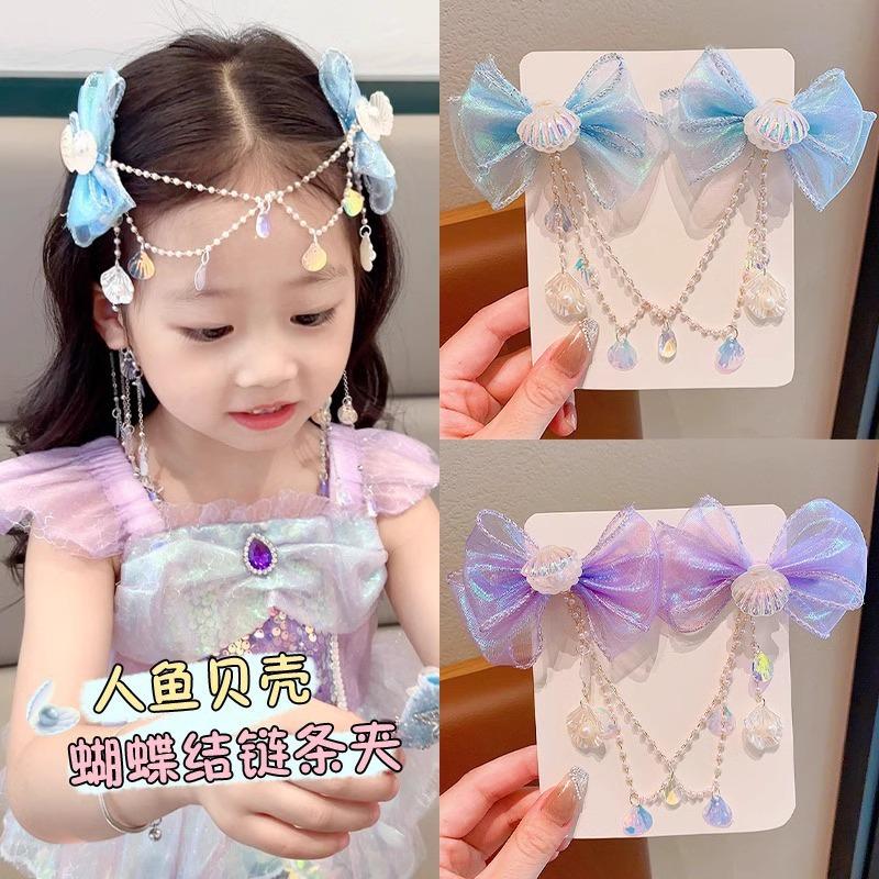 Fashion Girls Bow Forehead Chain Hair Clip Children Forehead Princess Tassel Mermaid Hair Card Little Girl Hair Accessories
