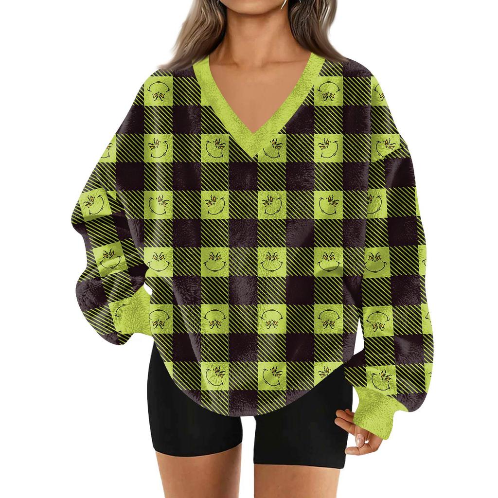 Women's Fashionable V-neck Christmas Printed Long Sleeved Casual Pullover Plush Warm Pocket Sweatshirt Top