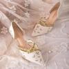 Women's Fashion Pointed Shallow Mouth Embroidery Set Foot Non-slip Mid-heels Thin Hollow Woven with Single Shoes