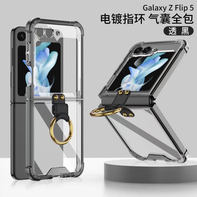 Transparent TPU Case With Electroplated Ring Stand Galaxy Z Flip 6 7 Shockproof Magnetic Anti-Fingerprint