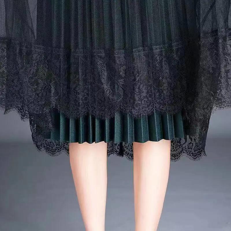 Half-length Skirt Women's Plus Size High-waist Lace Pleated Skirt Mid-length Mesh Skirt Worn On Both Sides
