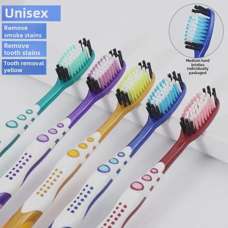 Spazzolino da Denti per Adulti a Setole Medie Dure in Carbone di Bambù, Manico Lungo, Unisex