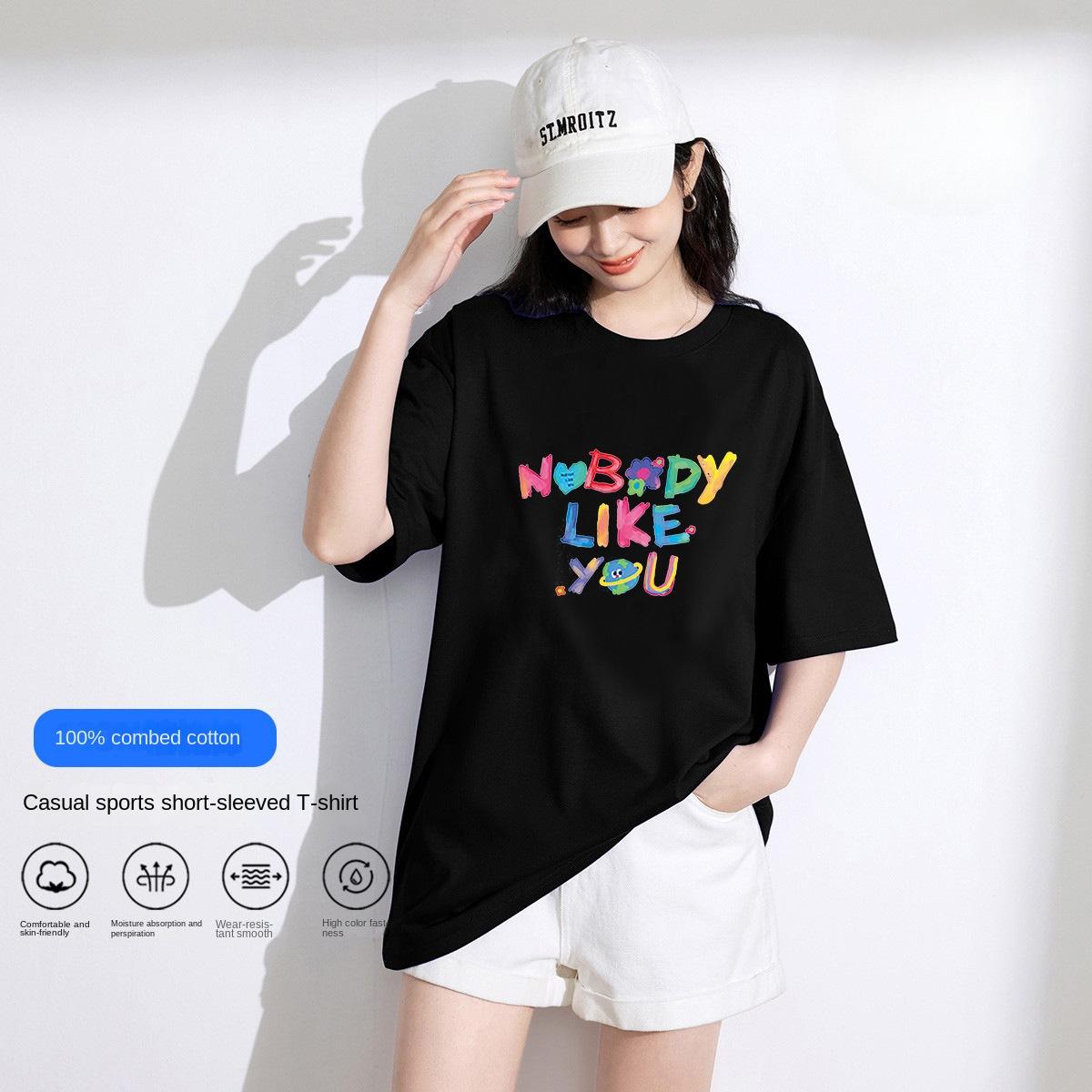 Летняя хлопковая футболка с коротким рукавом с буквенным принтом — фото 16