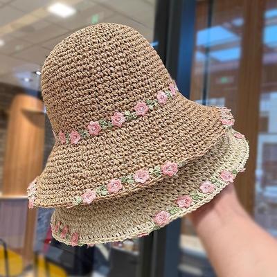 Popular Flower Straw Sun Hat Women's Summer Outdoor Hollow Breathable Sunshade Sunscreen Casual Hat