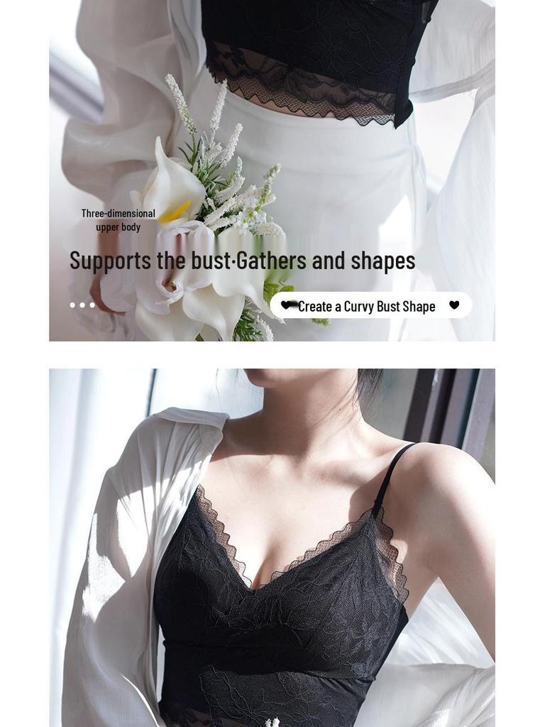Ya Shuang French Embroidery Lace Camisole with Fixed Cups and Pads - Versatile & Comfortable
