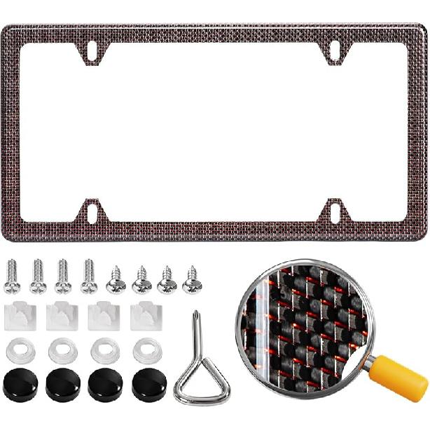 Real Carbon Fiber License Plate Frame, 100% Pure Carbon Fiber Frame, Black License Plate Holder Cover With Screw Caps, Anti-Vibration Pads, (Twill 2