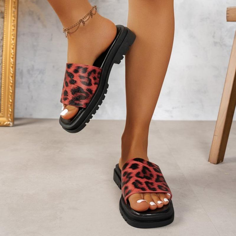

2026 Summer New Leopard Print Thick Heeled Slippers for Women Casual Square Toe Home Outside Wear Female Slides Platform 36 красный