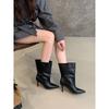 2025 foreign leather pointed high heel medium boots women's French wide tube small ankle boots knight short boots Martin boots