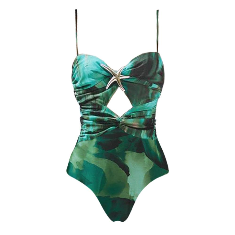 

Swimsuit new green ink print tube top ruffle edge one-piece swimsuit suit women S